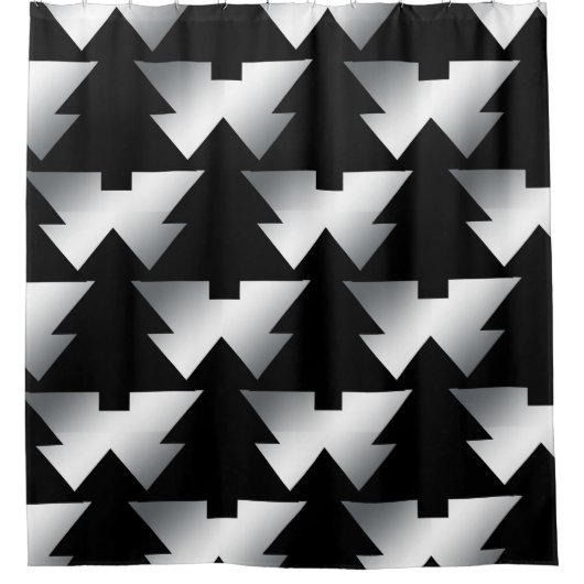 Zwarte kerstbomen op zilver douchegordijn (Voorkant)