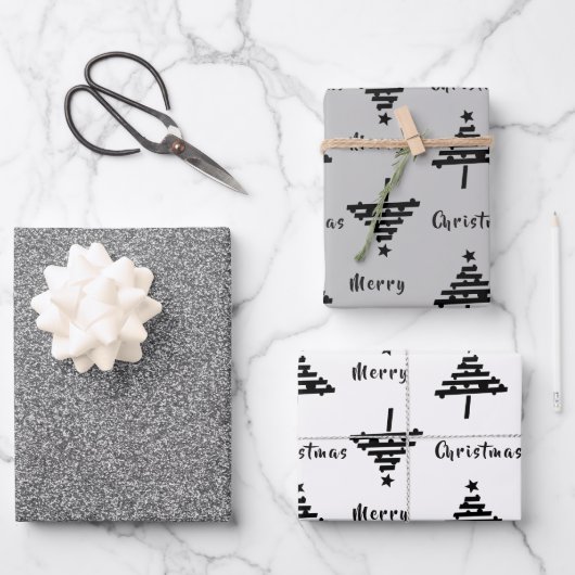 Zwarte kerstboom Faux Silver Glitter Holiday Inpakpapier Vel (Voorkant)