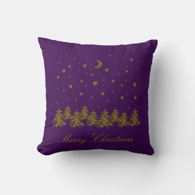 Zwarte kerstboom, maan, sterren op paars kussen (Voorkant)