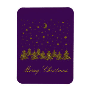 Zwarte kerstboom, maan, sterren op paars magneet