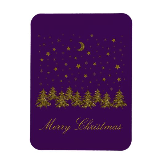 Zwarte kerstboom, maan, sterren op paars magneet (Verticaal)