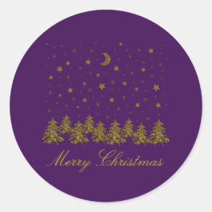 Zwarte kerstboom, maan, sterren op paars ronde sticker