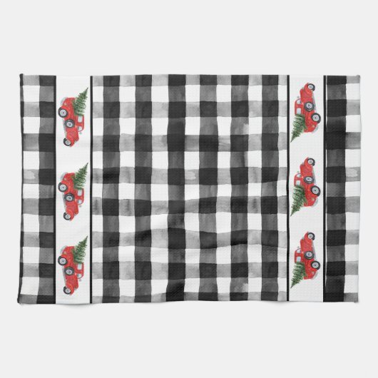Zwarte kerstboom met rode kerst theedoek (Horizontaal)