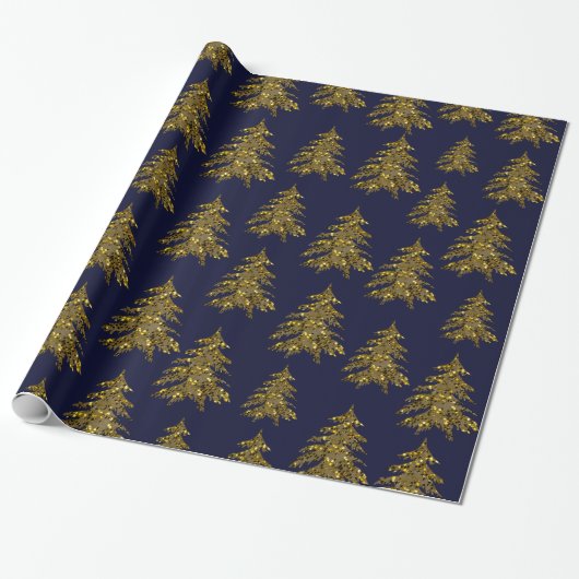 Zwarte kerstboom met weinig goud op donkerblauw cadeaupapier (Uitgerold)