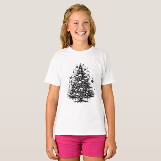 Zwarte kerstboom Schedels en botten T-shirt (Voorkant volledig)