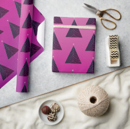 Zwarte kerstboom, snelroze magenta gradiënt cadeaupapier