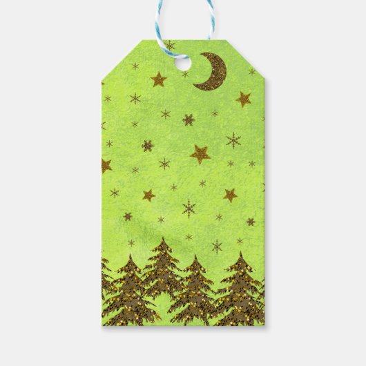 Zwarte kerstboom, sterren op abstract papier cadeaulabel (Voorkant)
