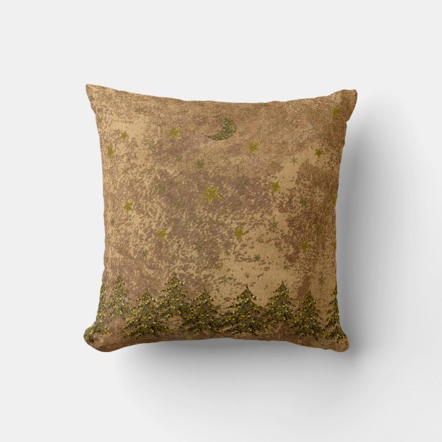 Zwarte kerstboom, sterren op abstract papier kussen (Voorkant)