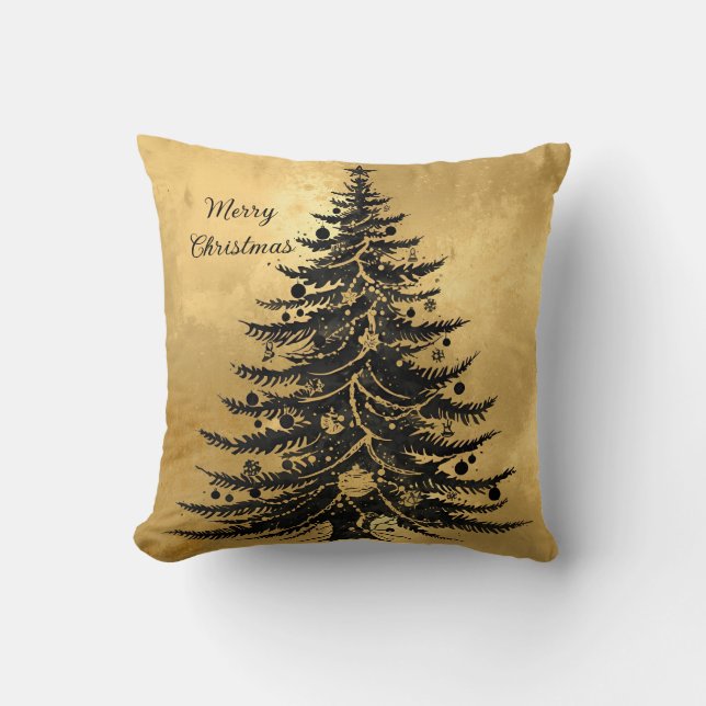 Zwarte Kerstboom van Goud, Luxe Kussen (Voorkant)