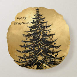 Zwarte Kerstboom van Goud, Luxe Rond Kussen