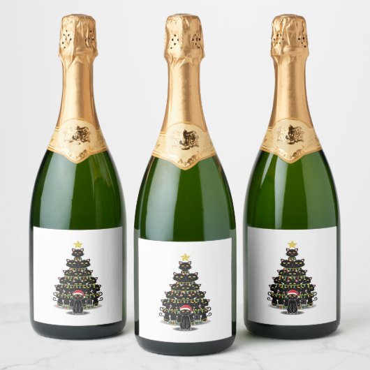 Zwarte kerstboomkatten Kat Kerstmis Sparkling Wijnetiket (Flessen)
