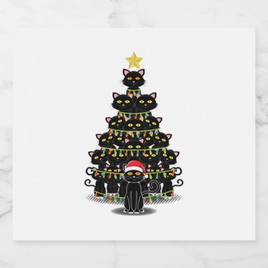 Zwarte kerstboomkatten Kat Kerstmis Sparkling Wijnetiket (Enkel label)