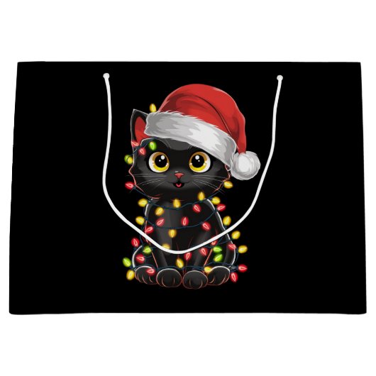 Zwarte kerstboomverlichting met zwarte kat groot cadeauzakje (Voorkant)