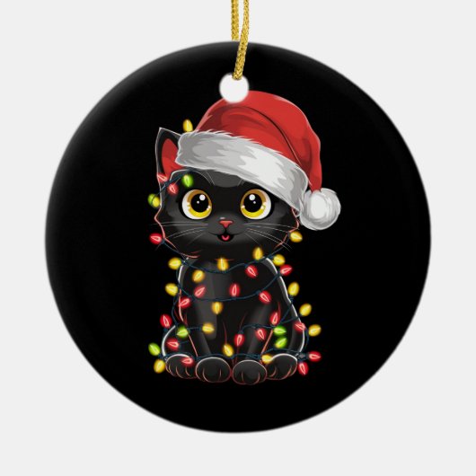 Zwarte kerstboomverlichting met zwarte kat keramisch ornament (Voorkant)