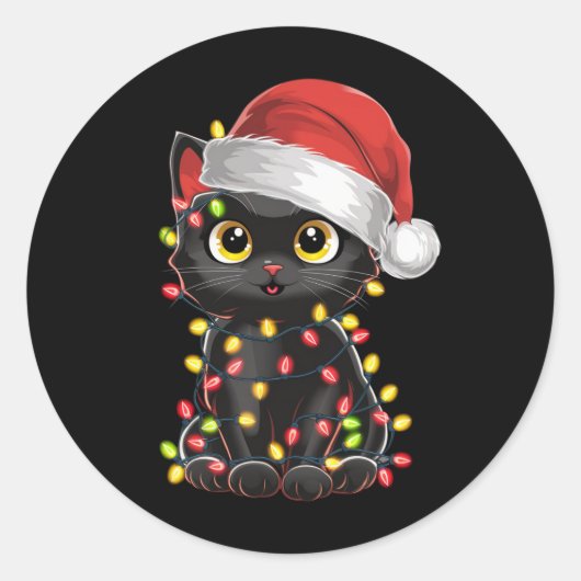 Zwarte kerstboomverlichting met zwarte kat ronde sticker (Voorkant)