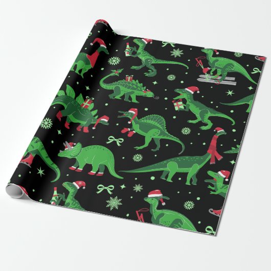 Zwarte kerstdinosaurussen Stegosaurus triceratops Cadeaupapier (Uitgerold)
