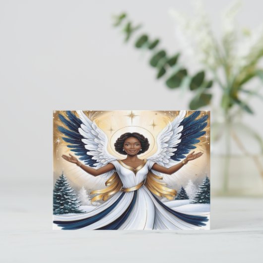 Zwarte Kerstengel in blauw en goud Briefkaart (Staand voorkant)