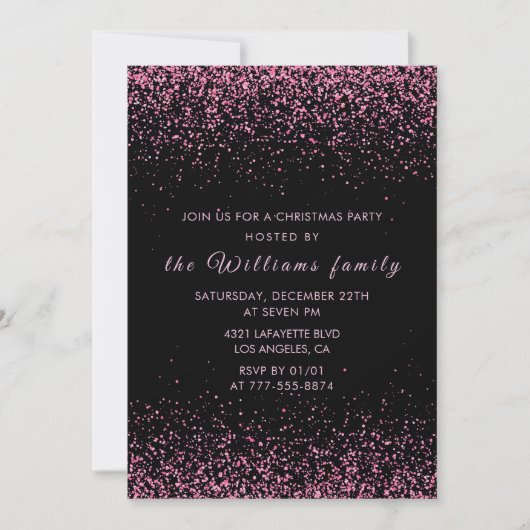 Zwarte Kerstfeest Roze Glitters Kaart (Voorkant)