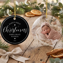 Zwarte kerstfoto van baby's eerste kerst keramisch ornament