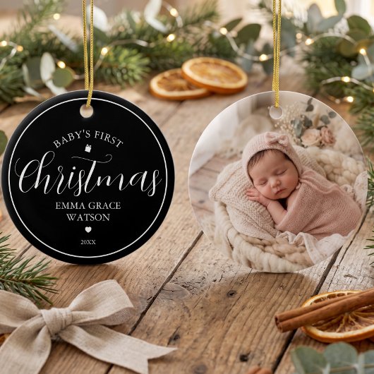 Zwarte kerstfoto van baby's eerste kerst keramisch ornament
