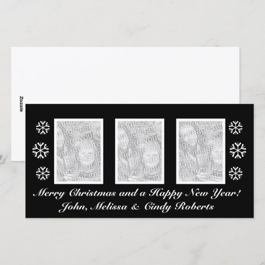 Zwarte Kerstkaart sjabloon | Drie foto's (Voorkant / Achterkant)