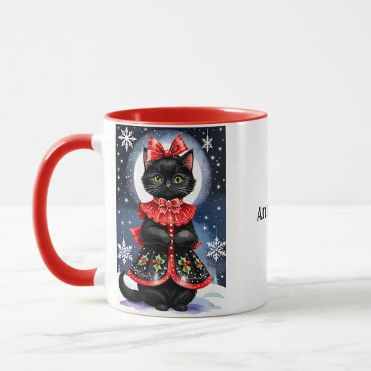 Zwarte Kerstkat in Holly Outfit Mok (Links)