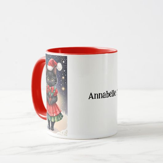 Zwarte Kerstkat in rode en groene rok Mok (Voorkant links)