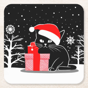 Zwarte Kerstkat Kartonnen Onderzetters