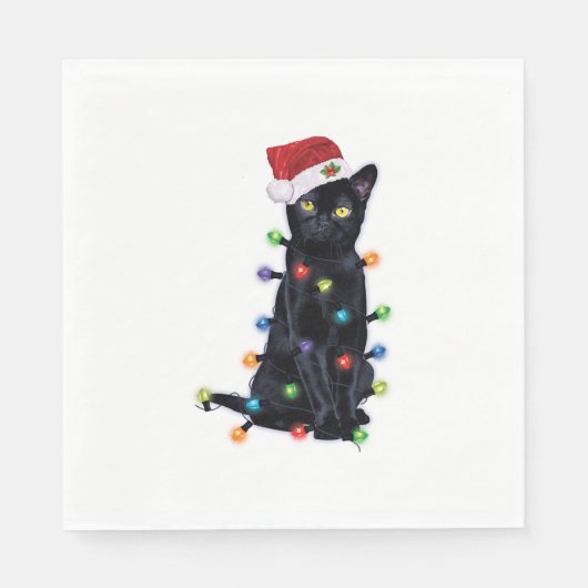 Zwarte kerstkat met kerstverlichting servet (Voorkant)