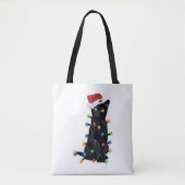 Zwarte kerstkat met kerstverlichting tote bag (Voorkant)
