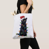 Zwarte kerstkat met kerstverlichting tote bag (Dichtbij)