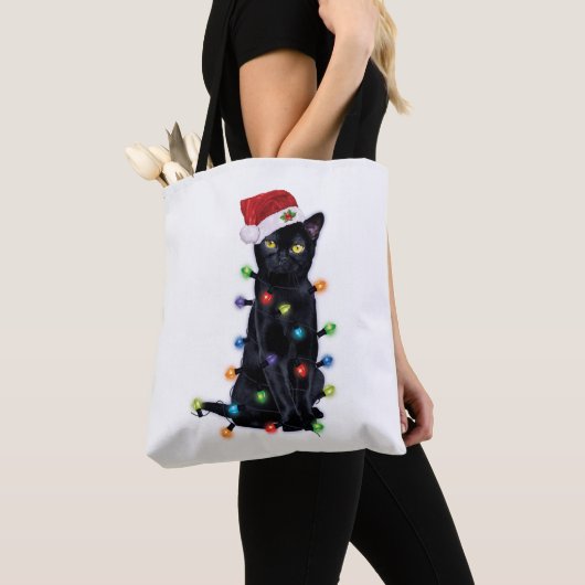 Zwarte kerstkat met kerstverlichting tote bag (Dichtbij)
