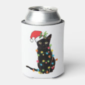 Zwarte kerstkat met lichte kerstmis blikjeskoeler (Blikje Voorkant)