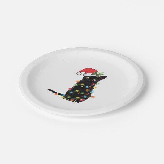 Zwarte kerstkat met lichte kerstmis papieren bordje (Gekanteld)