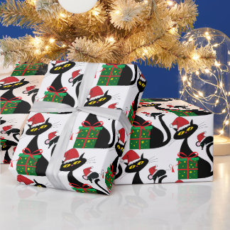 Zwarte Kerstkat met muis en hoed Cadeaupapier
