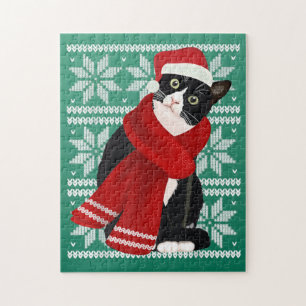 Zwarte kerstkat Santa Hat Scarf Holiday Legpuzzel