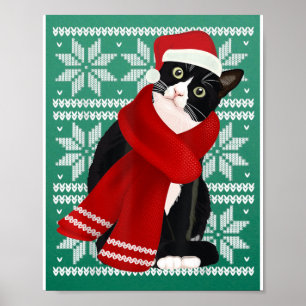 Zwarte kerstkat Santa Hat Scarf Holiday Poster