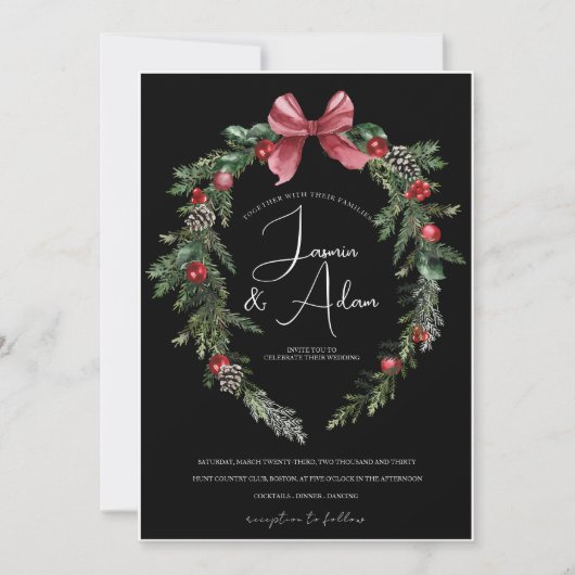 Zwarte Kerstkrans Rode Winter Feestelijke bruiloft Kaart (Voorkant)