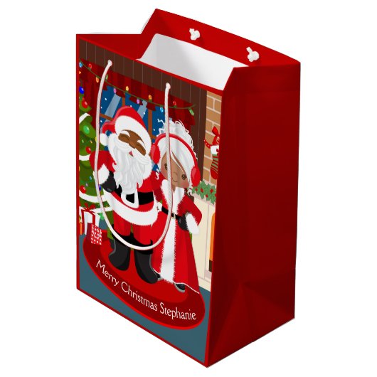 Zwarte Kerstman en Mrs Claus Medium Cadeauzakje (Achterkant Gekanteld)