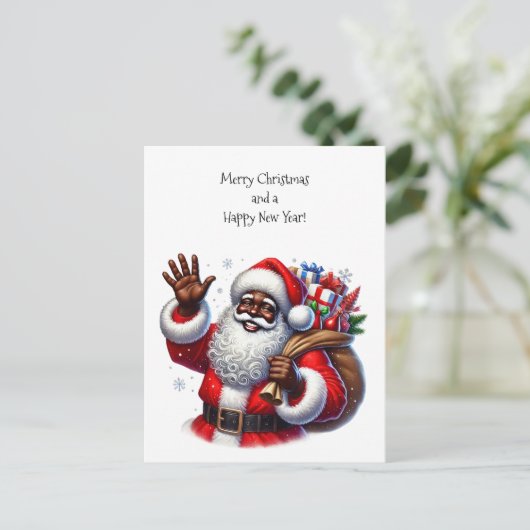 Zwarte kerstman en zak met cadeaus feestdagenkaart (Staand voorkant)