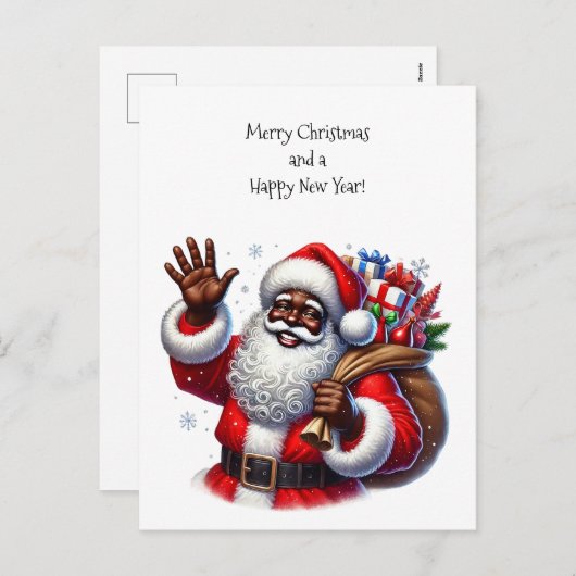 Zwarte kerstman en zak met cadeaus feestdagenkaart (Voorkant / Achterkant)