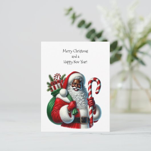 Zwarte kerstman en zak met cadeaus feestdagenkaart (Staand voorkant)