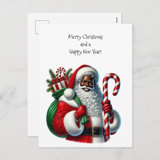 Zwarte kerstman en zak met cadeaus feestdagenkaart (Voorkant / Achterkant)