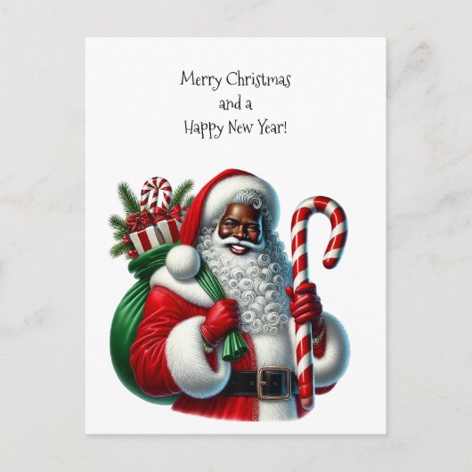 Zwarte kerstman en zak met cadeaus feestdagenkaart (Voorkant)