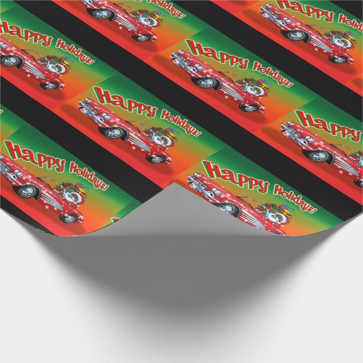 Zwarte Kerstman in een Corvette. Cadeaupapier (Hoek)