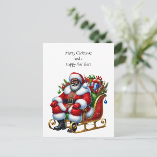 Zwarte Kerstman in een slee met geschenken Feestdagenkaart (Staand voorkant)