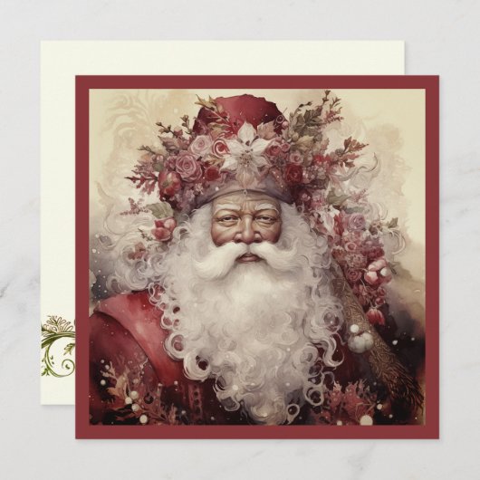 Zwarte Kerstman in Rococo Rood Roze Bloemengroen Feestdagenkaart (Voorkant / Achterkant)