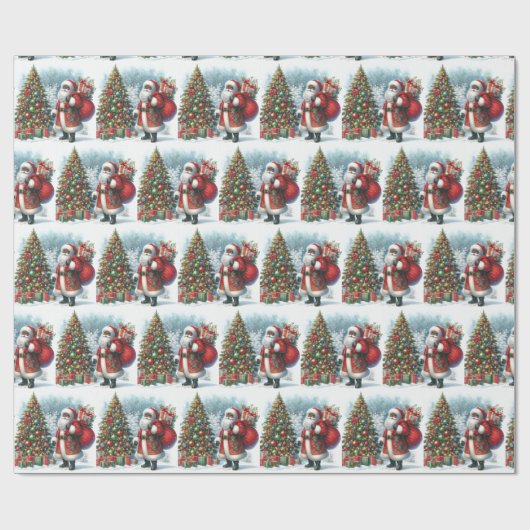 Zwarte Kerstman in Sneeuw Kerstboom & Cadeaus Cadeaupapier (Vlak)