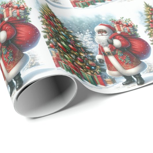 Zwarte Kerstman in Sneeuw Kerstboom & Cadeaus Cadeaupapier (Rol Hoek)