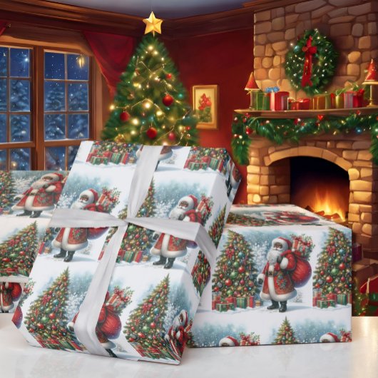 Zwarte Kerstman in Sneeuw Kerstboom & Cadeaus Cadeaupapier